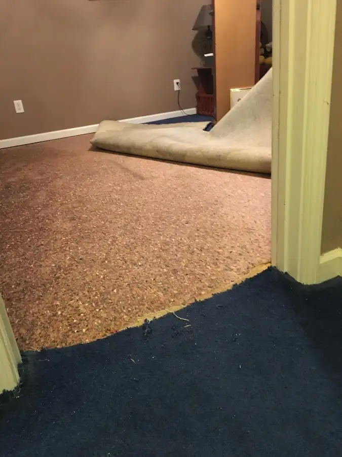 Carpet pad removal revealing water damage during Drying & Dehumidification in Altoona